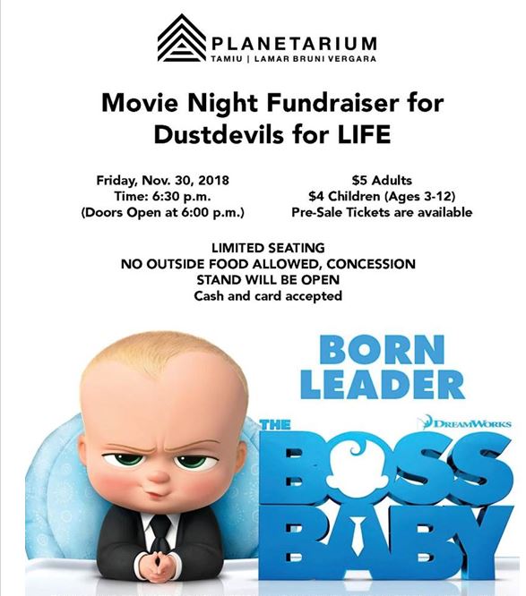 Movie Night Fundraiser for Dustedevils for LIFE- Boss Baby