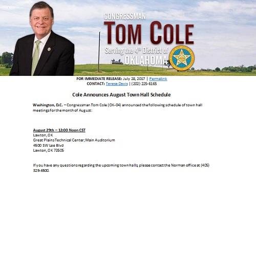 Congressman Tom Cole August Town Hall Meeting